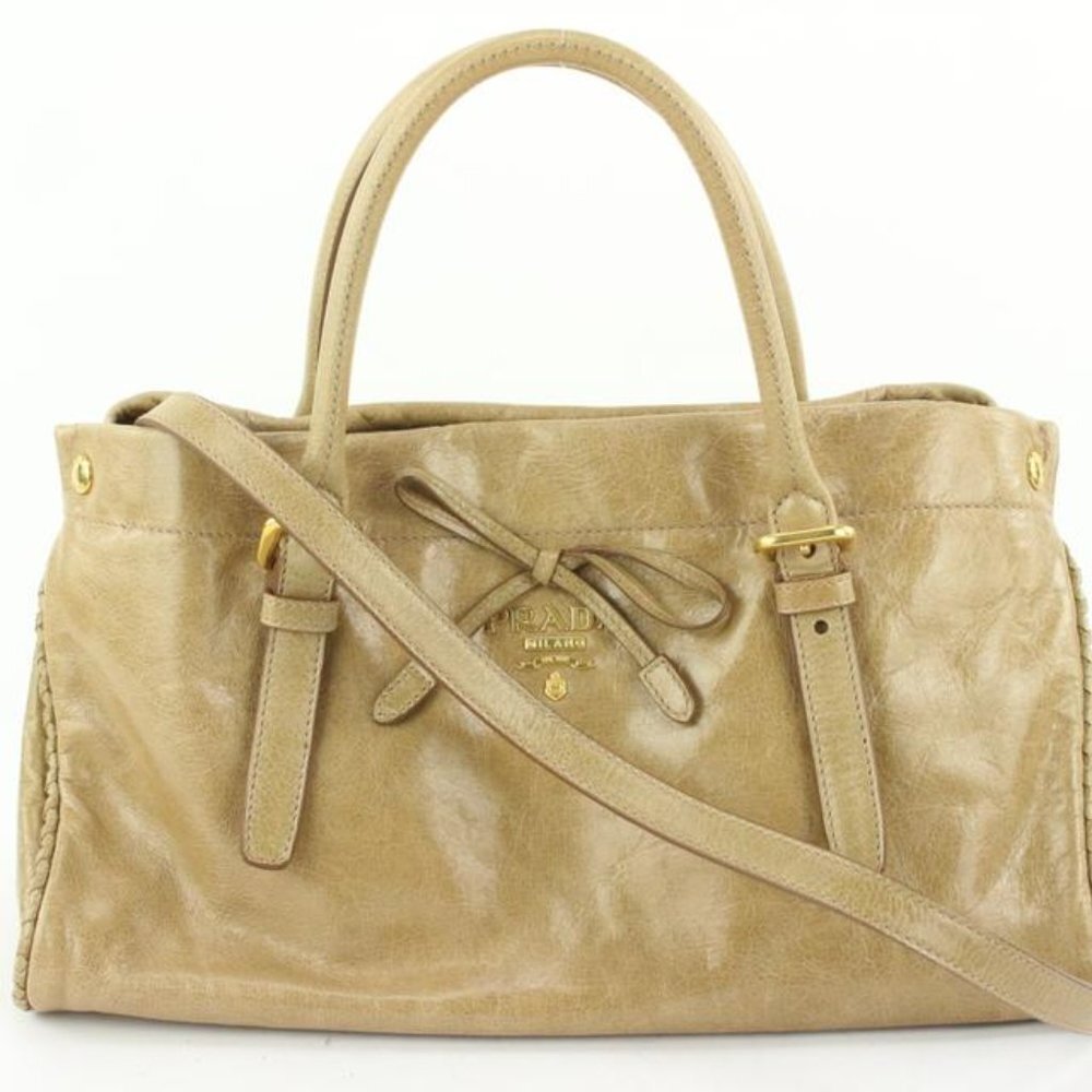 Prada BN1866 Beige Vitello Shine Leather Bow Shopp
